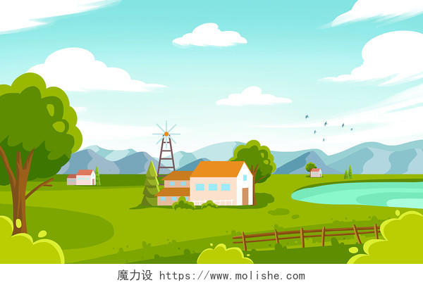 扁平乡村插画手绘风景背景绿色草地天空房子农村田野郊区